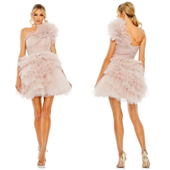 Mac Duggal Ruffle Tulle One Shoulder Bustier Mini Dress Pink Size 10 Cocktail - Picture 2 of 9